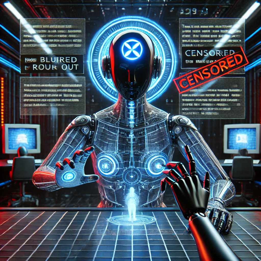 DALL·E 2025 02 02 04.55.56 A futuristic AI figure with a glowing logo on its head sitting in a high tech control room. The AI is surrounded by digital screens displaying messag
