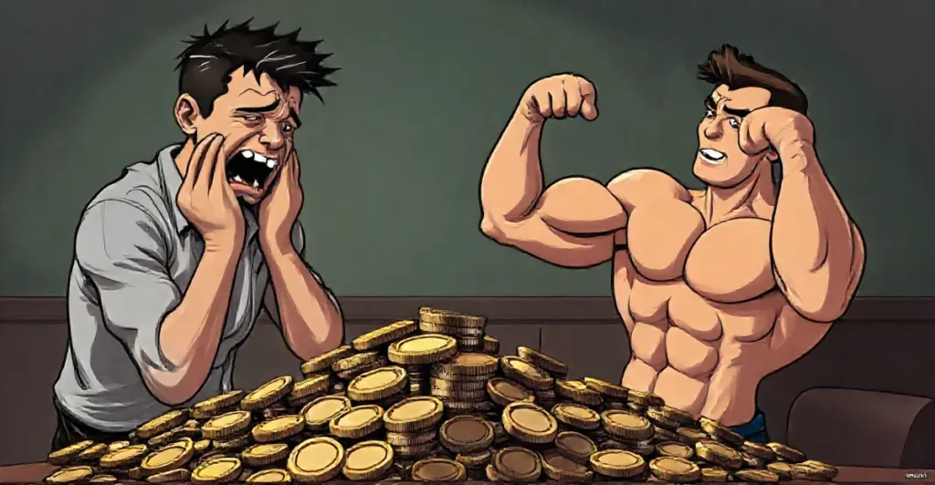 Wojak crying over a pile of coins while Chad flexes