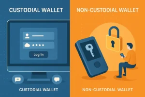 Visual comparison of custodial vs. non-custodial crypto wallets showing centralized vs. self-managed wallet types